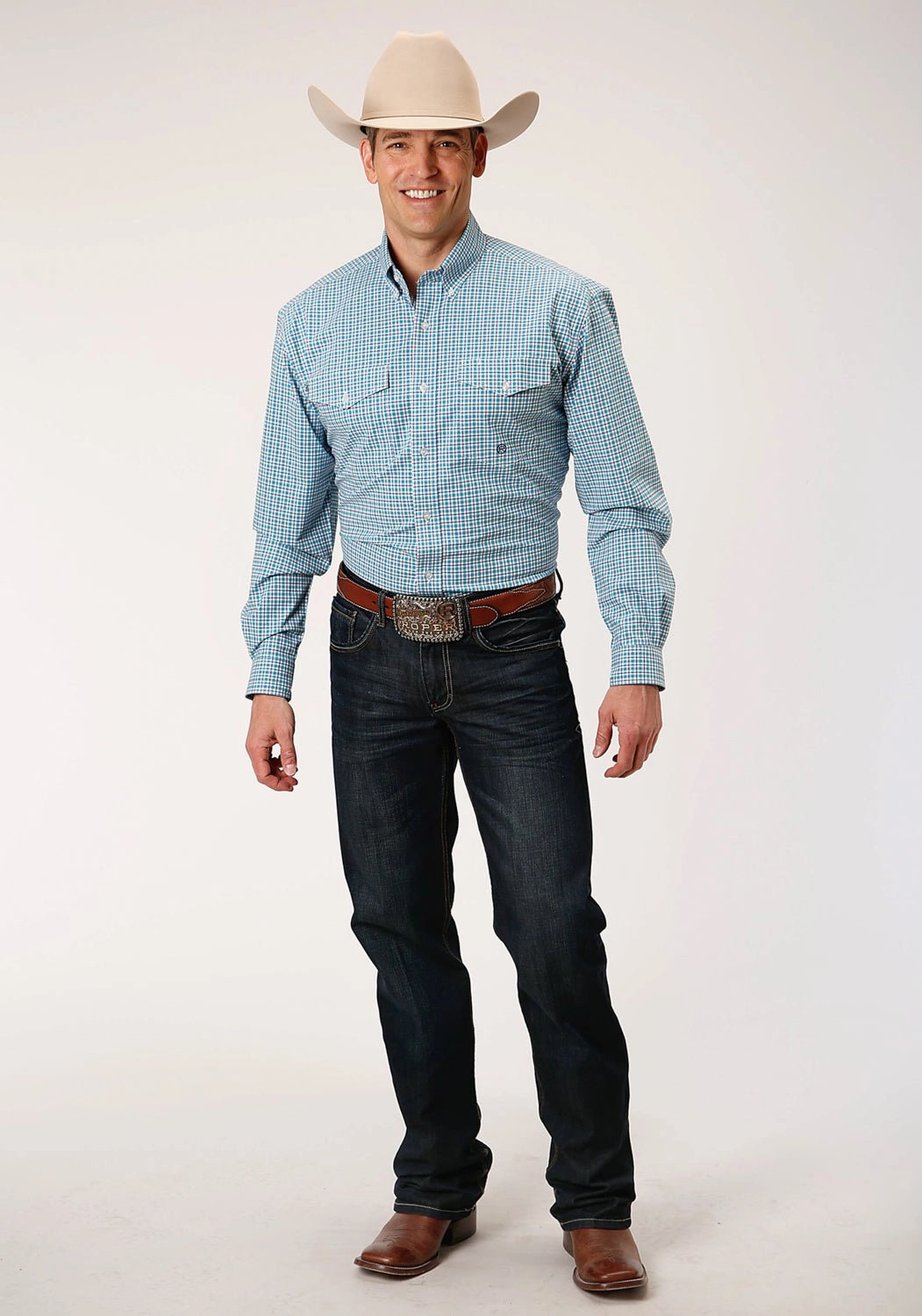 Preppy Vibe Trendsetting Roper Mens Turquoise Cotton Blend Stretch Check BD L/S Button Shirt