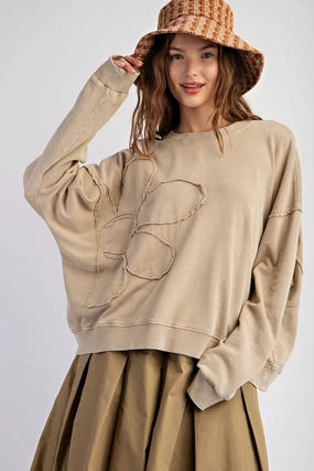 FLORA FLOWER PATCH WASHED TERRY KNIT PULLOVER Trendy Tops Airflow Ventilation Design