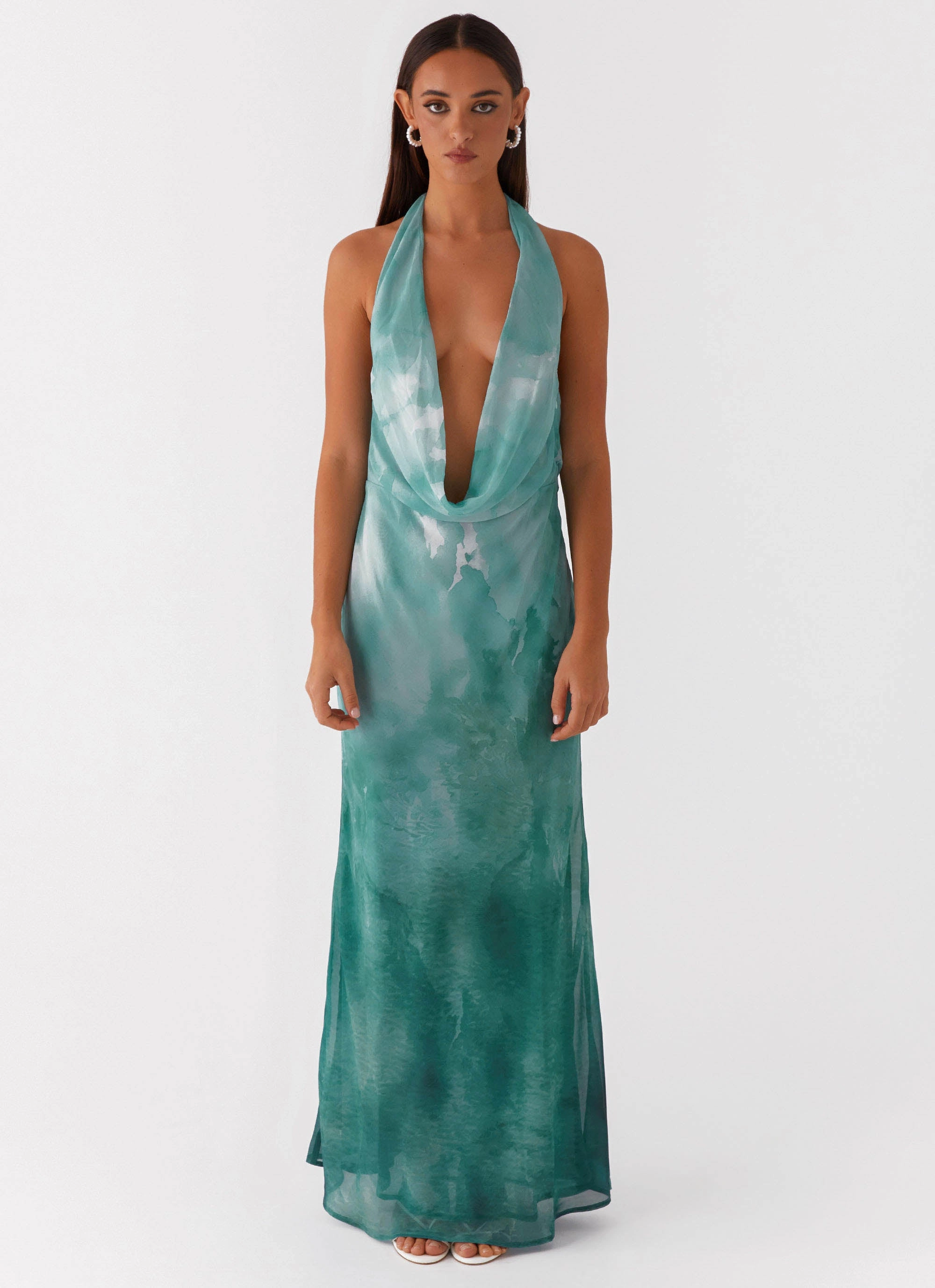 Vibrant pattern Relaxed Design Nerissa Cowl Neck Maxi Dress - Green Tie Dye