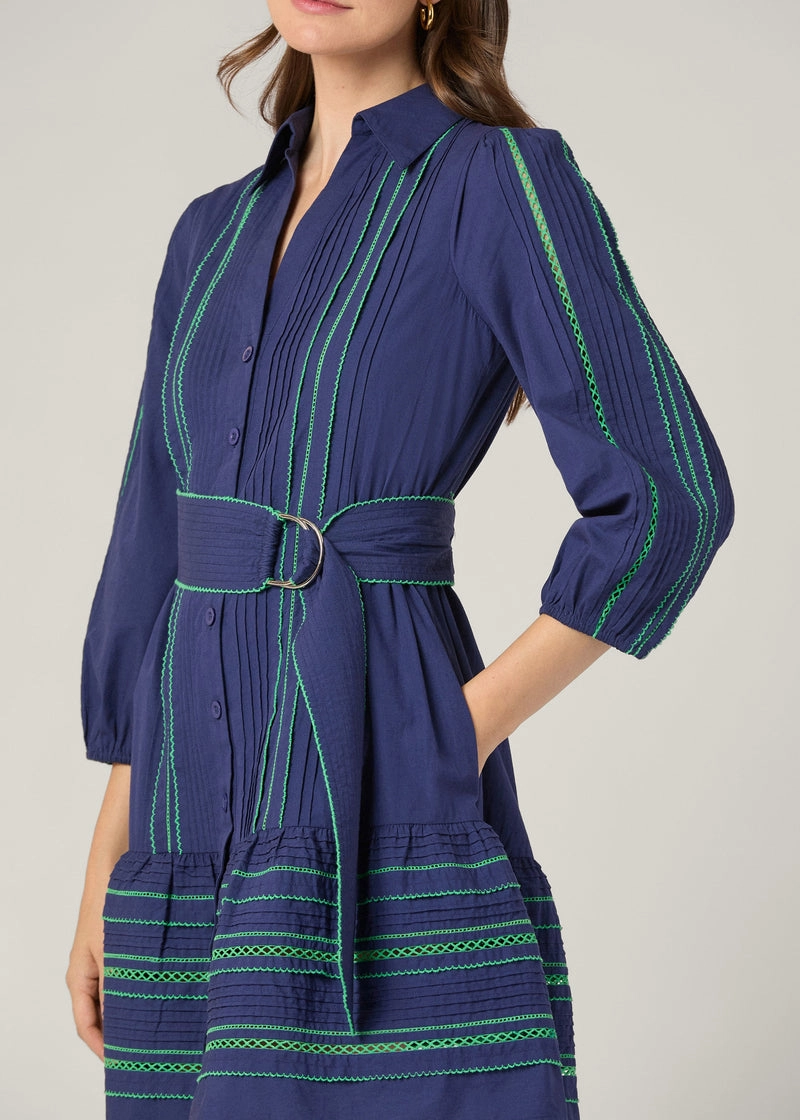 Piped-Edge Towns Dress in Navy/Green