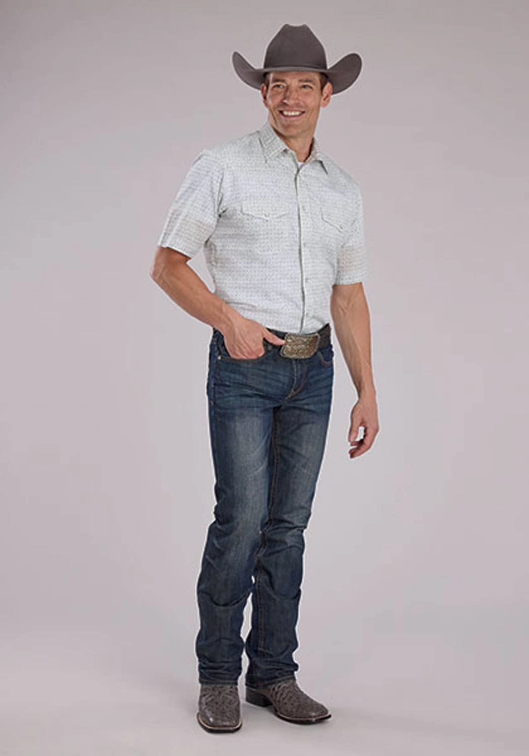 Roper Mens 2481 Floral Print Grey/White Cotton Blend S/S Shirt Unisex Design