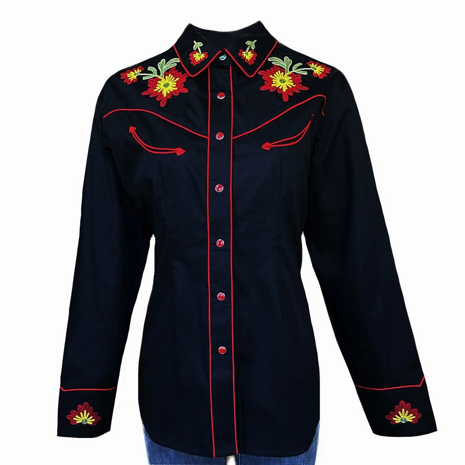 Rockmount Womens Vintage Embroidered Flower Black 100% Cotton L/S Shirt Graduation Ceremony Wardrobe Staple