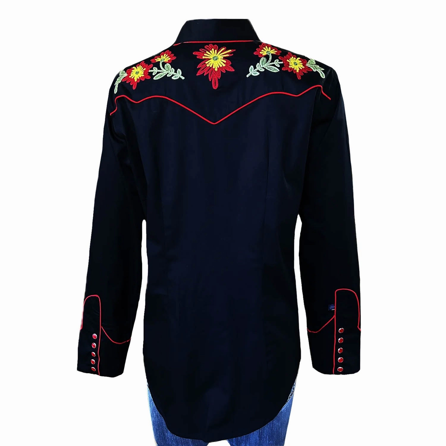 Rockmount Womens Vintage Embroidered Flower Black 100% Cotton L/S Shirt Classic Design