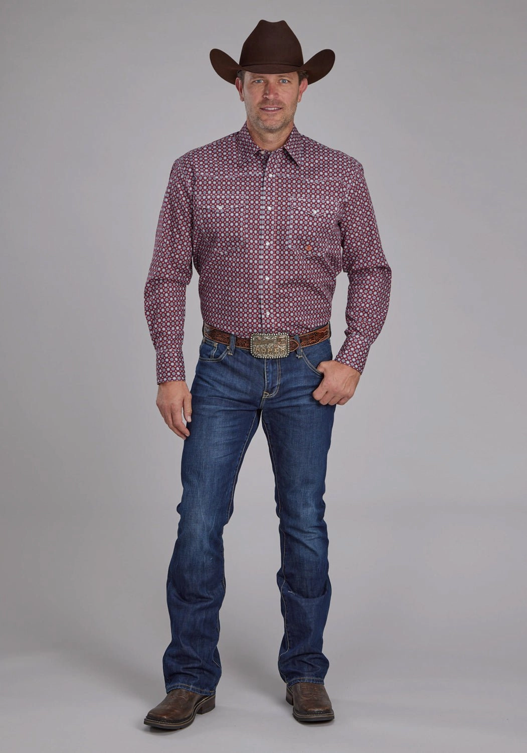 Roper Mens 2153 Highway Foulard Red 100% Cotton Tall L/S Shirt Hidden Placket