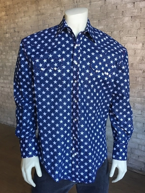 Fast Drying Winter Retreat Rockmount Mens Blue/White Cotton Blend Stars Print Western L/S Shirt XXL