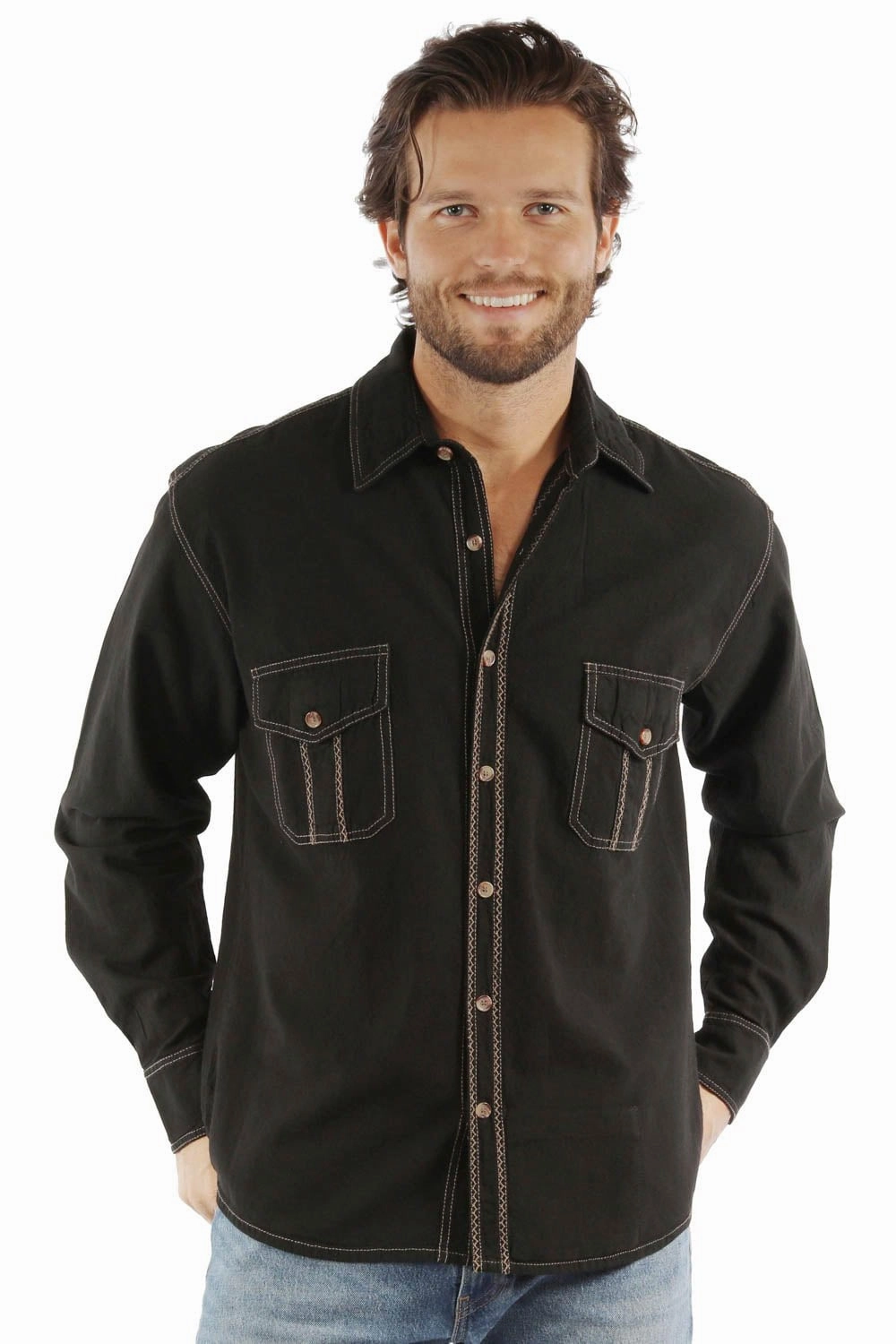 Scully Mens Western Contrast Stitching Black 100% Cotton L/S Shirt Local Favorite