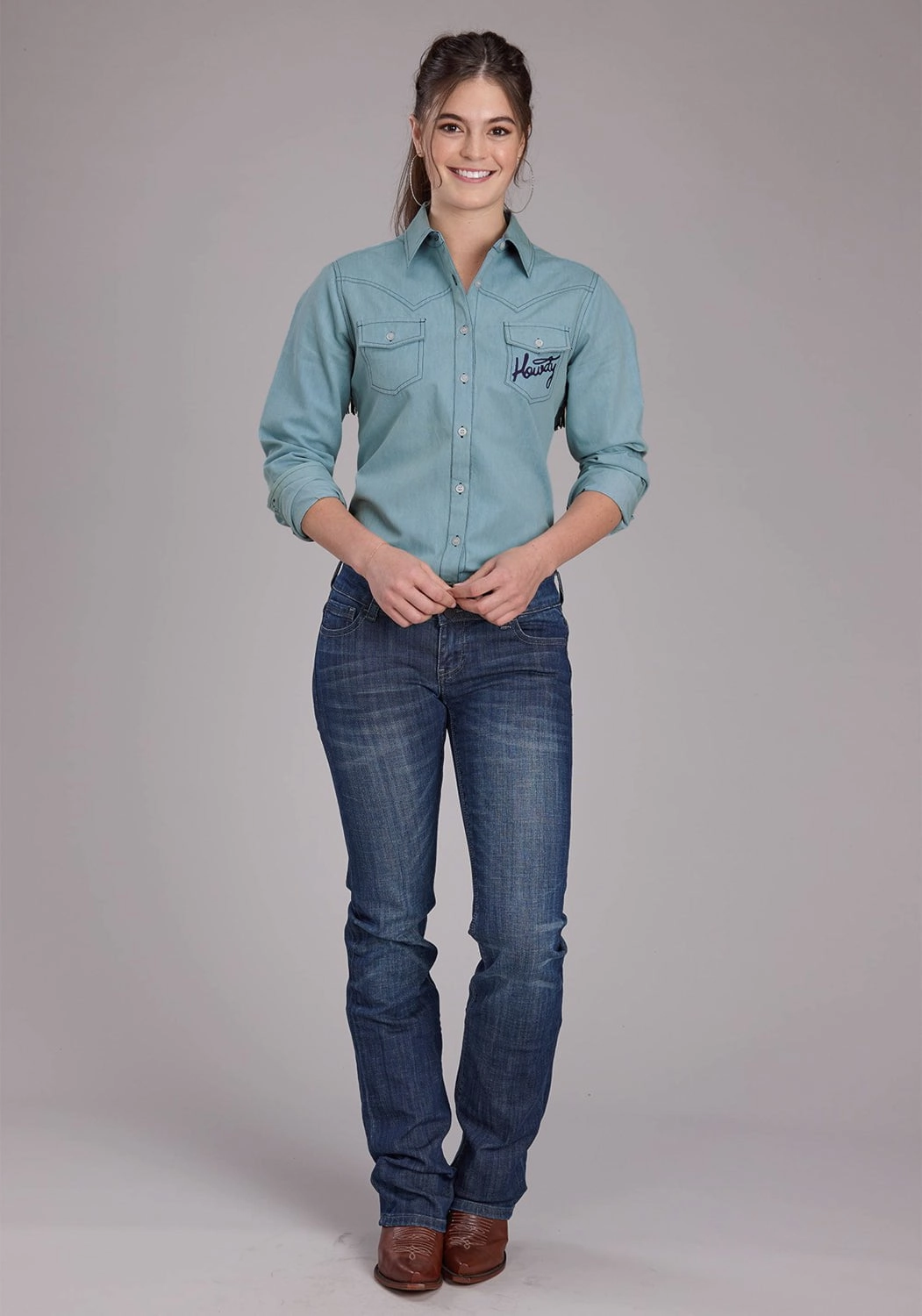 Roper Womens Howdy Fringe Western Light Blue 100% Cotton L/S Blouse Camping Essential