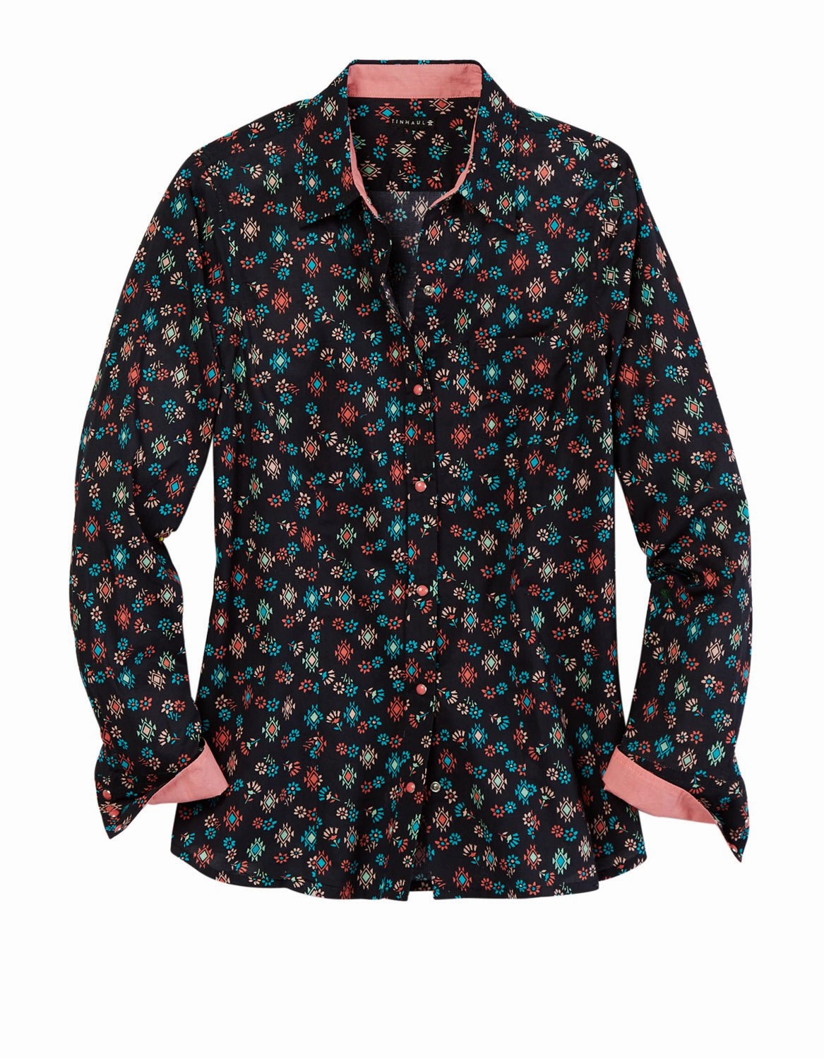 Tin Haul Womens Floral Aztec Print Black 100% Cotton L/S Shirt Anti Pill Treatment Layered Collar