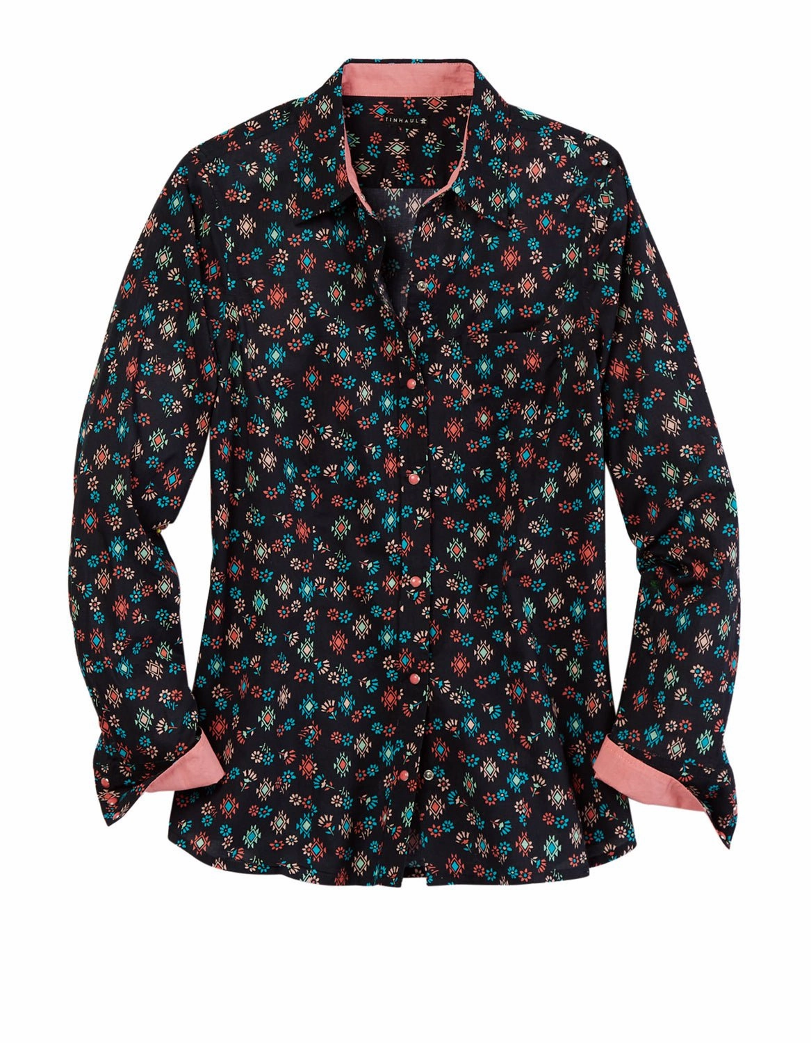 Tin Haul Womens Floral Aztec Print Black 100% Cotton L/S Shirt Embroidered Logo High-Quality Material