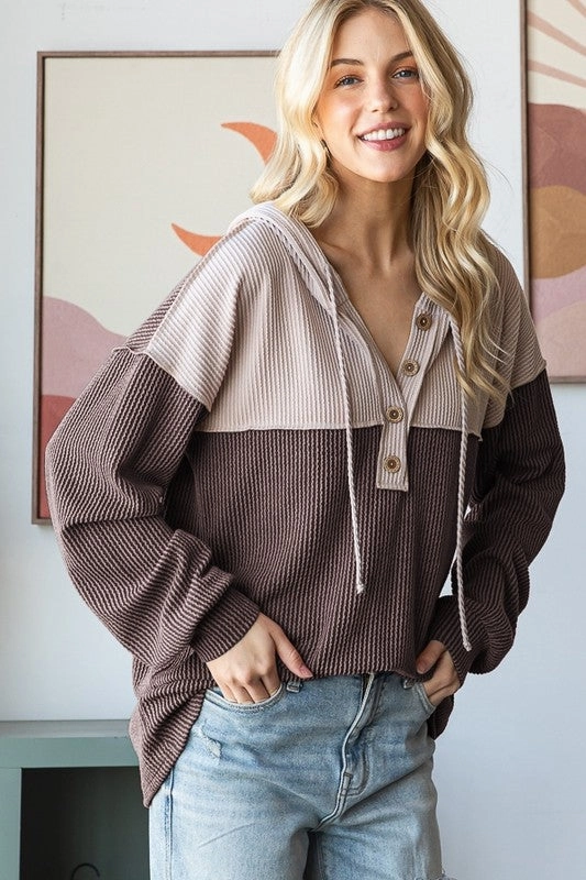 Curved Hem Cozy Wardrobe Urban Ribbed Contrast Hoodie With Button