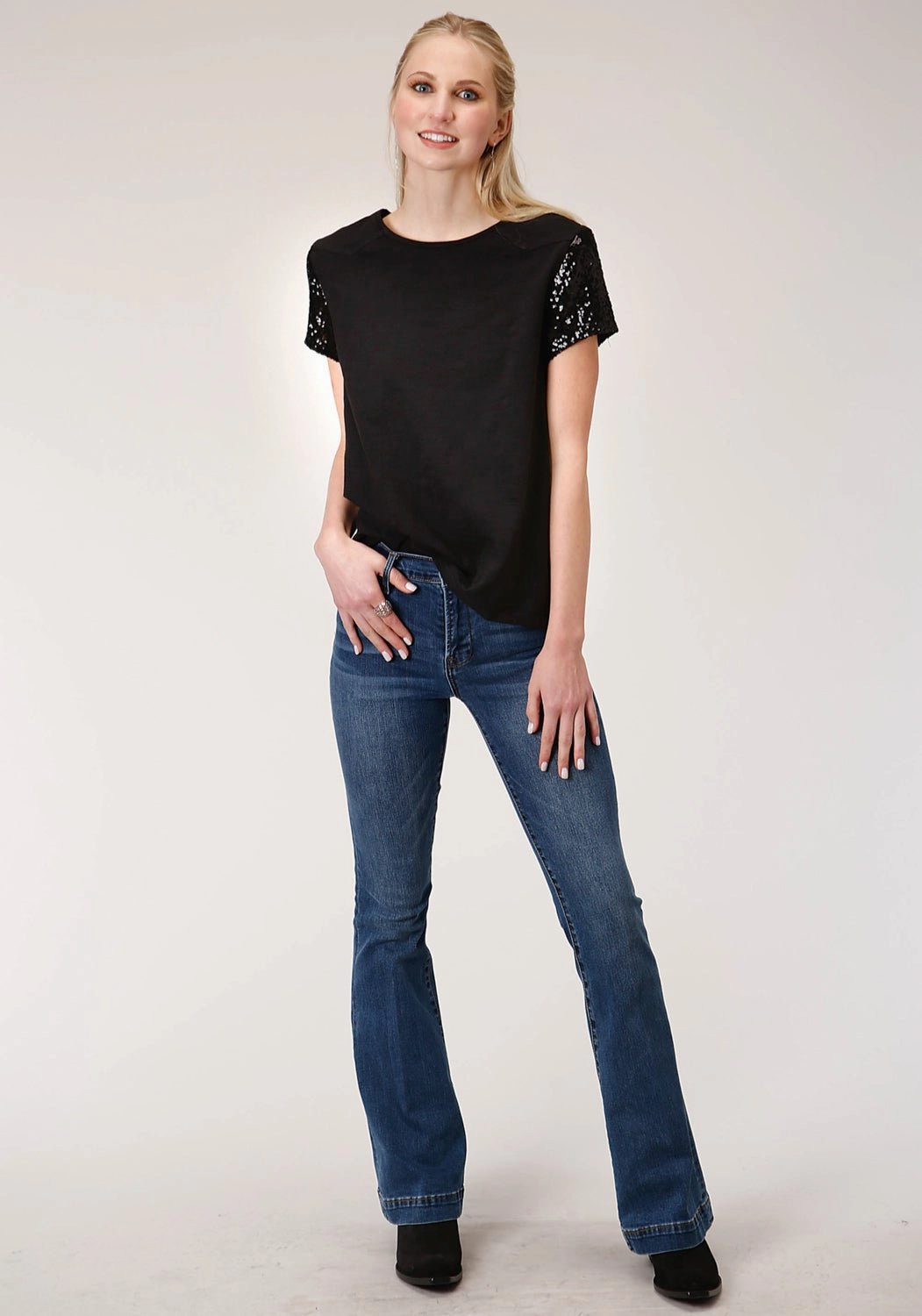 Roper Womens Black 100% Cotton Western Swing S/S T-Shirt Functional Design Tall friendly