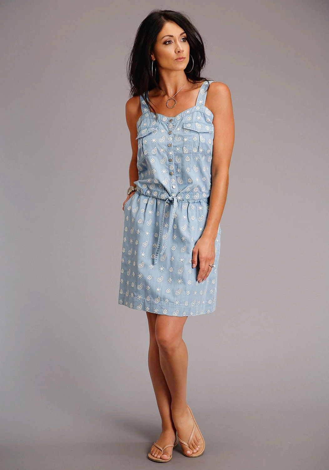 Stetson Womens Blue Denim Schiffli S/L Tank Top Abrasion Resistant Edges