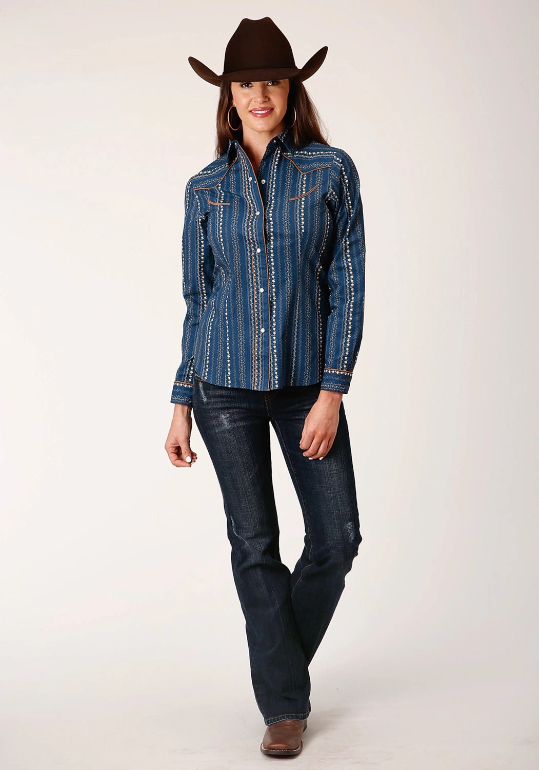 Roper Womens Floral Wallpaper Navy/Khaki Cotton Blend L/S Shirt Cozy Feel