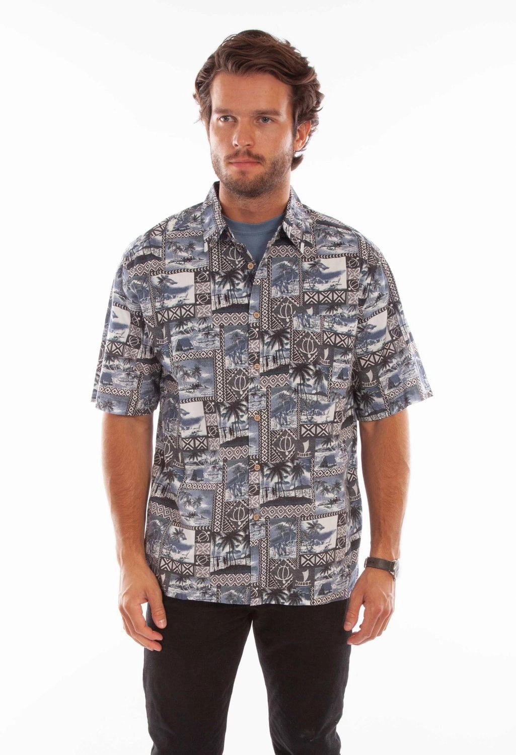 Scully Mens Hawaiian Island Midnight Sky 100% Cotton S/S Shirt Current Style Seamless Shoulder Construction