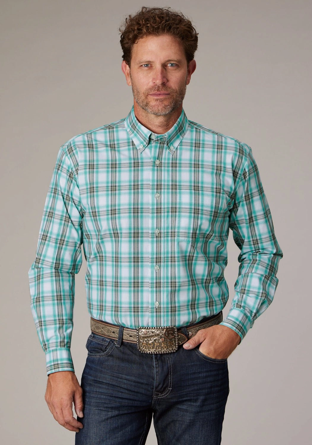 All day wearability Roper Mens Cold Springs Plaid Green 100% Cotton 1 Pkt L/S Shirt