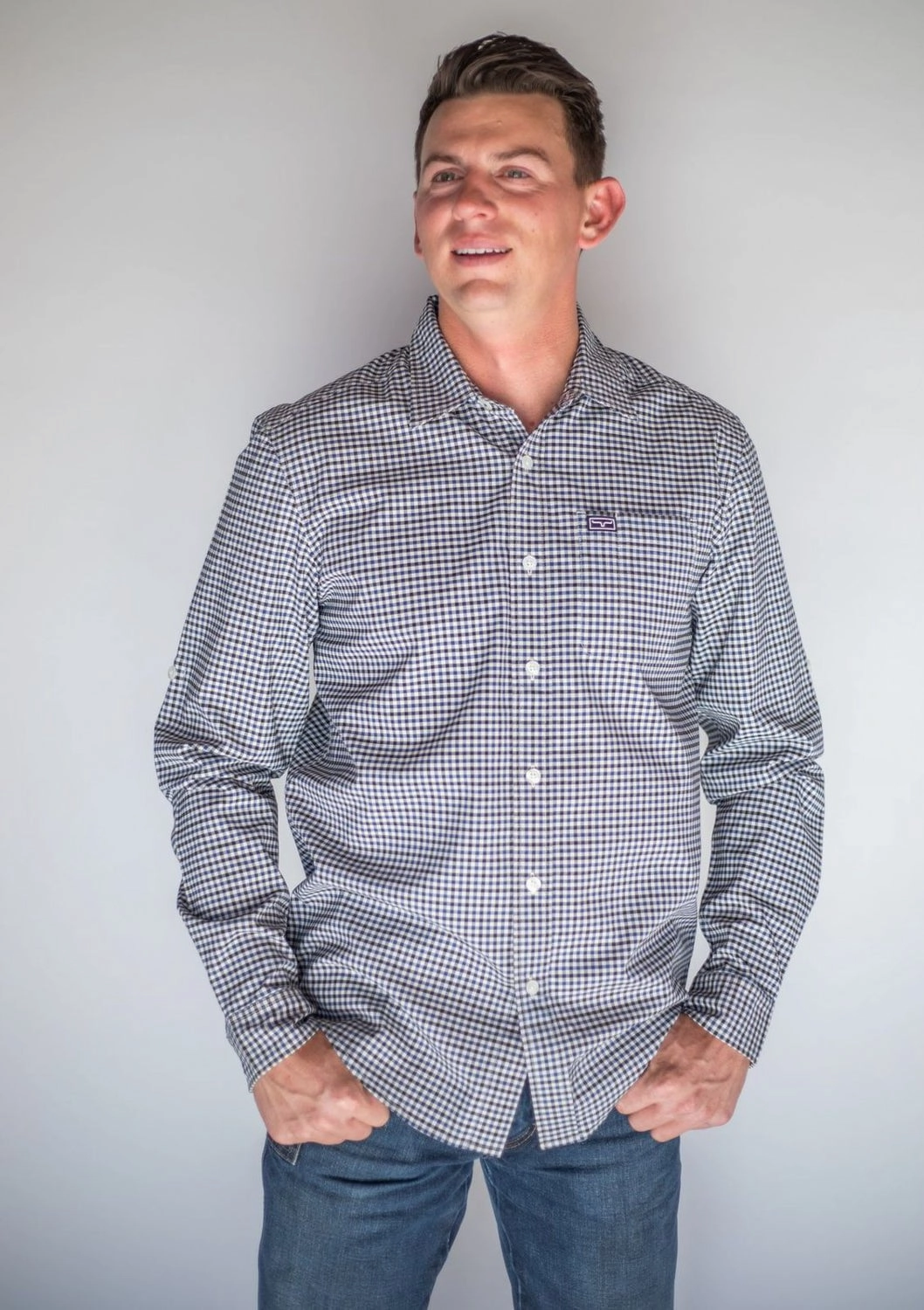 Kimes Ranch Mens Welton Dress Navy Cotton blend L/S Shirt Eco Dye Technique Denim Blend