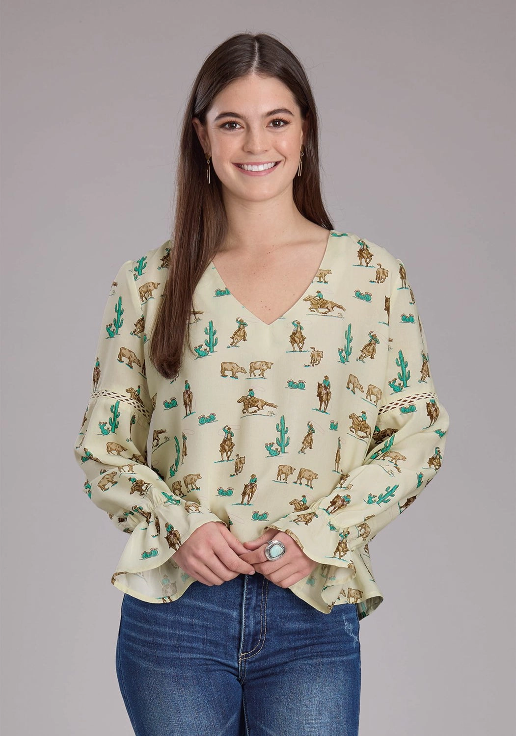 Roper Womens 2424 Printed Ropers White 100% Rayon L/S Blouse Cool Comfort