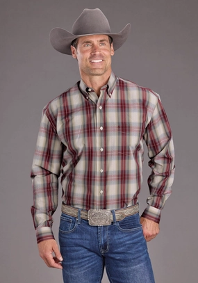 Stetson Mens Diamond Ranch Dobby Wine 100% Cotton 1 Pkt L/S Shirt Stretch Fit Technology