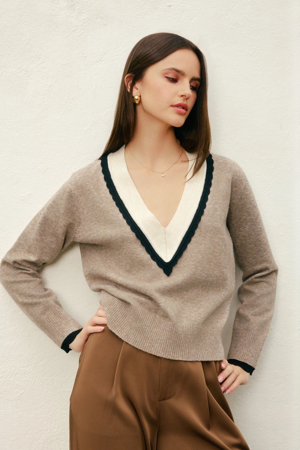 Trendy Wardrobe Snug Knit Varsity V Neck Sweater