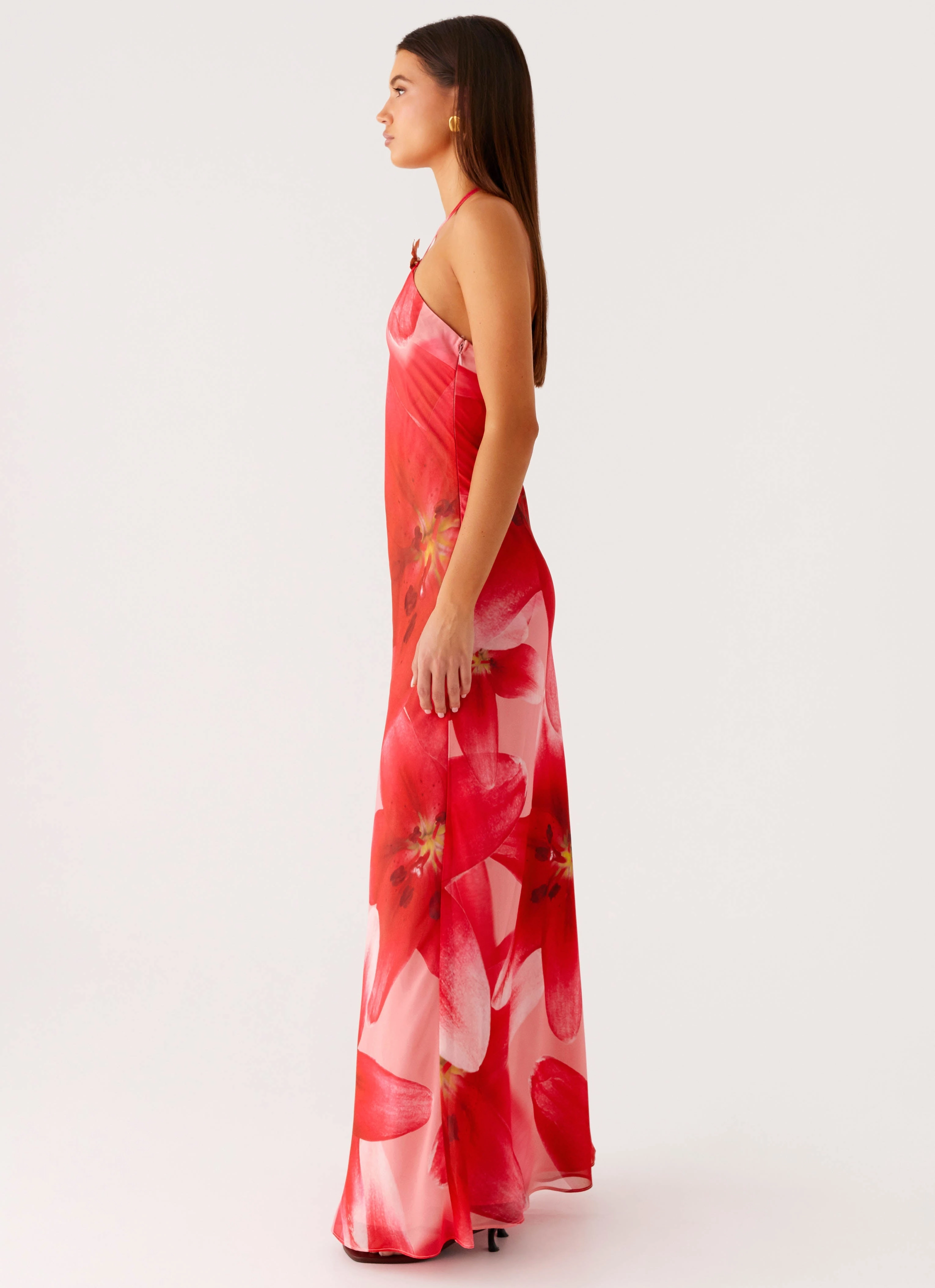 Vatiana Chiffon Maxi Dress - Peach Watermelon Flower Cafe Vibe Delicate Finish