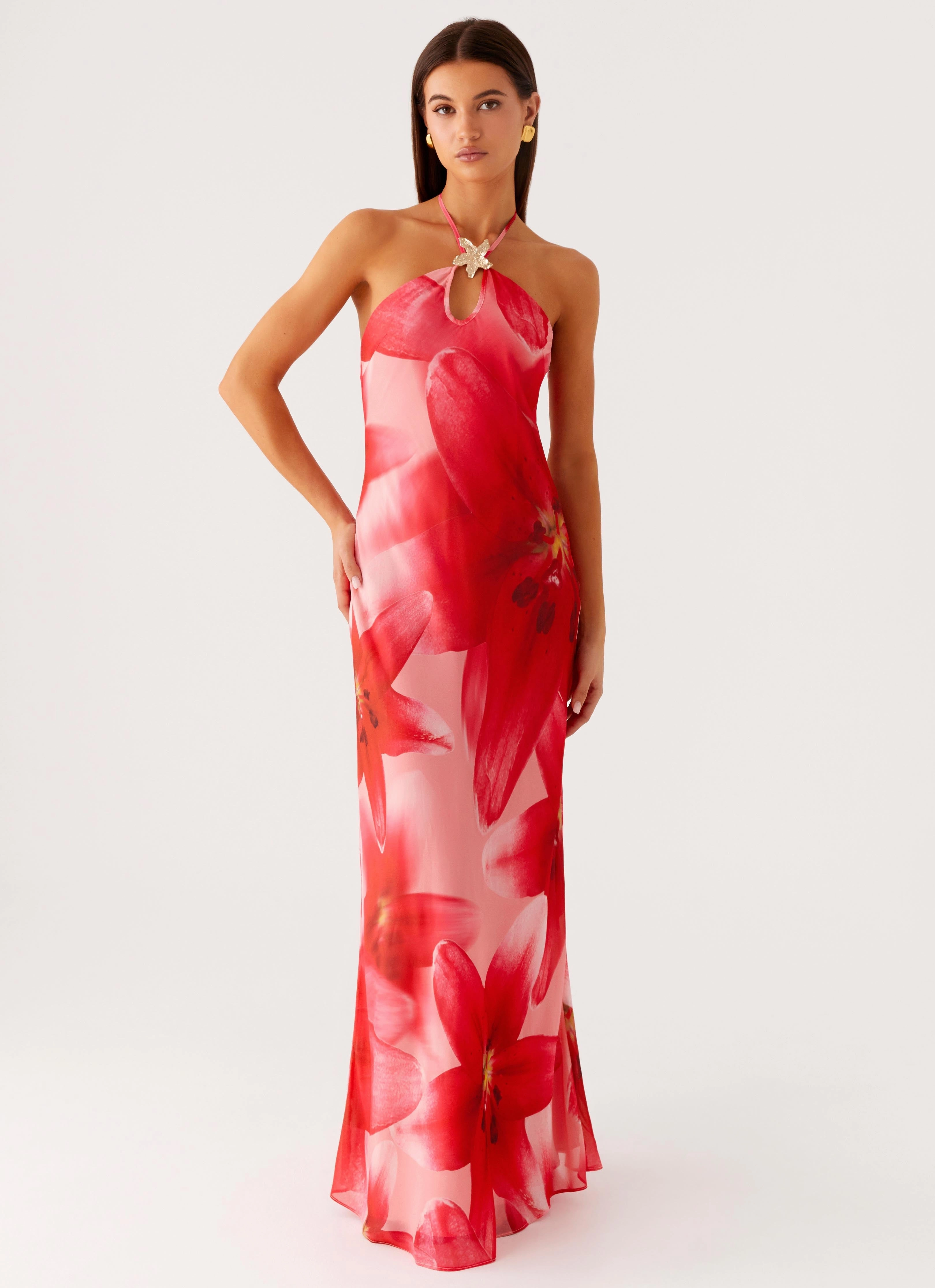 Work Ease Emerging-Brand Vatiana Chiffon Maxi Dress - Peach Watermelon Flower