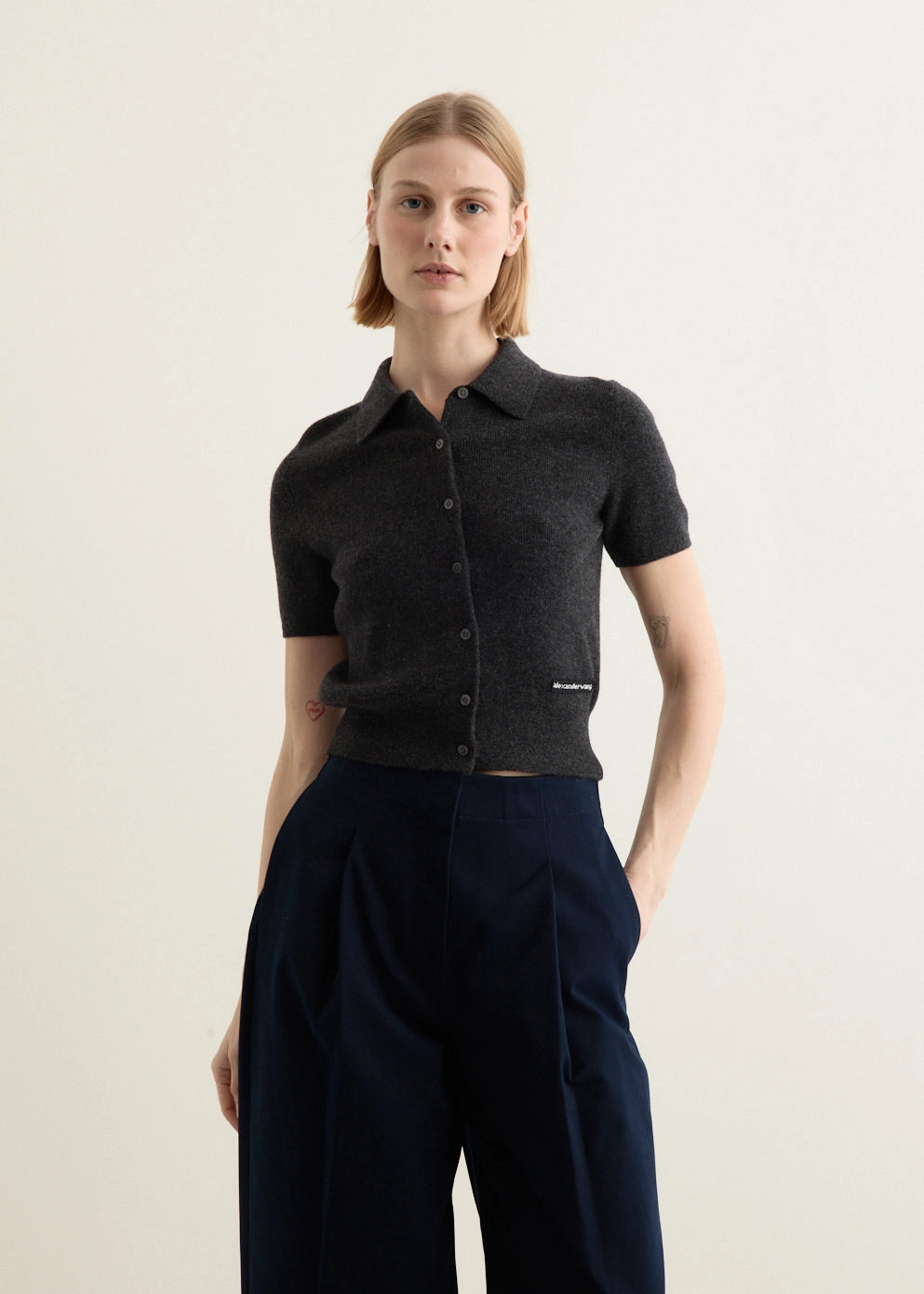 Short Sleeve Polo Cardigan With Embroidered Logo Jacquard Weave