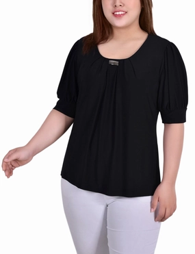 Trendy midi dress Plus Size Short Sleeve Balloon Sleeve Top With Hardware