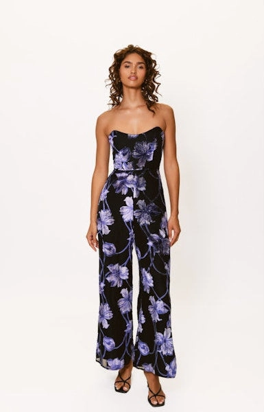 Modest Cut Silky-Lining Venina Jumpsuit in Navy Two Tone Vining Buds