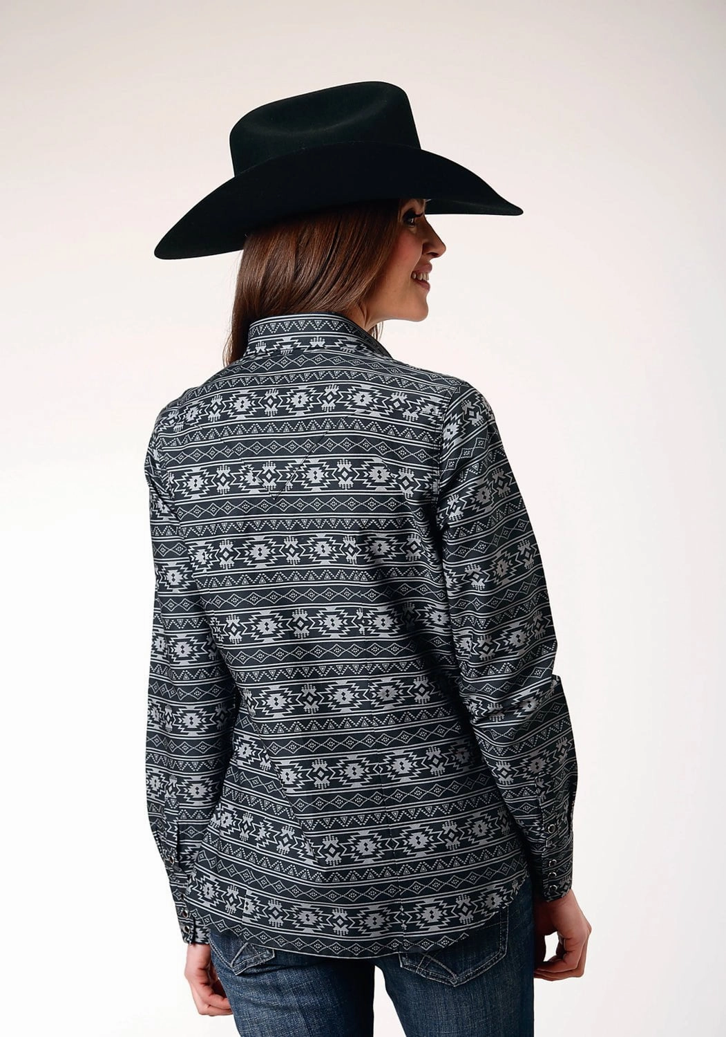 All Day Comfort Tech Lakeside Relaxation Roper Womens 1850 Aztec Stripe Black 100% Cotton L/S Shirt