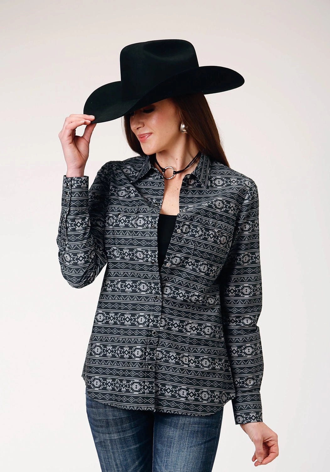 Breathable Lining Roper Womens 1850 Aztec Stripe Black 100% Cotton L/S Shirt