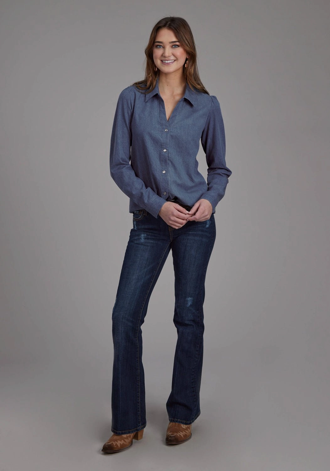 Roper Womens 2274 Western Medium Blue 100% Cotton L/S Shirt Trendsetting Design hypoallergenic