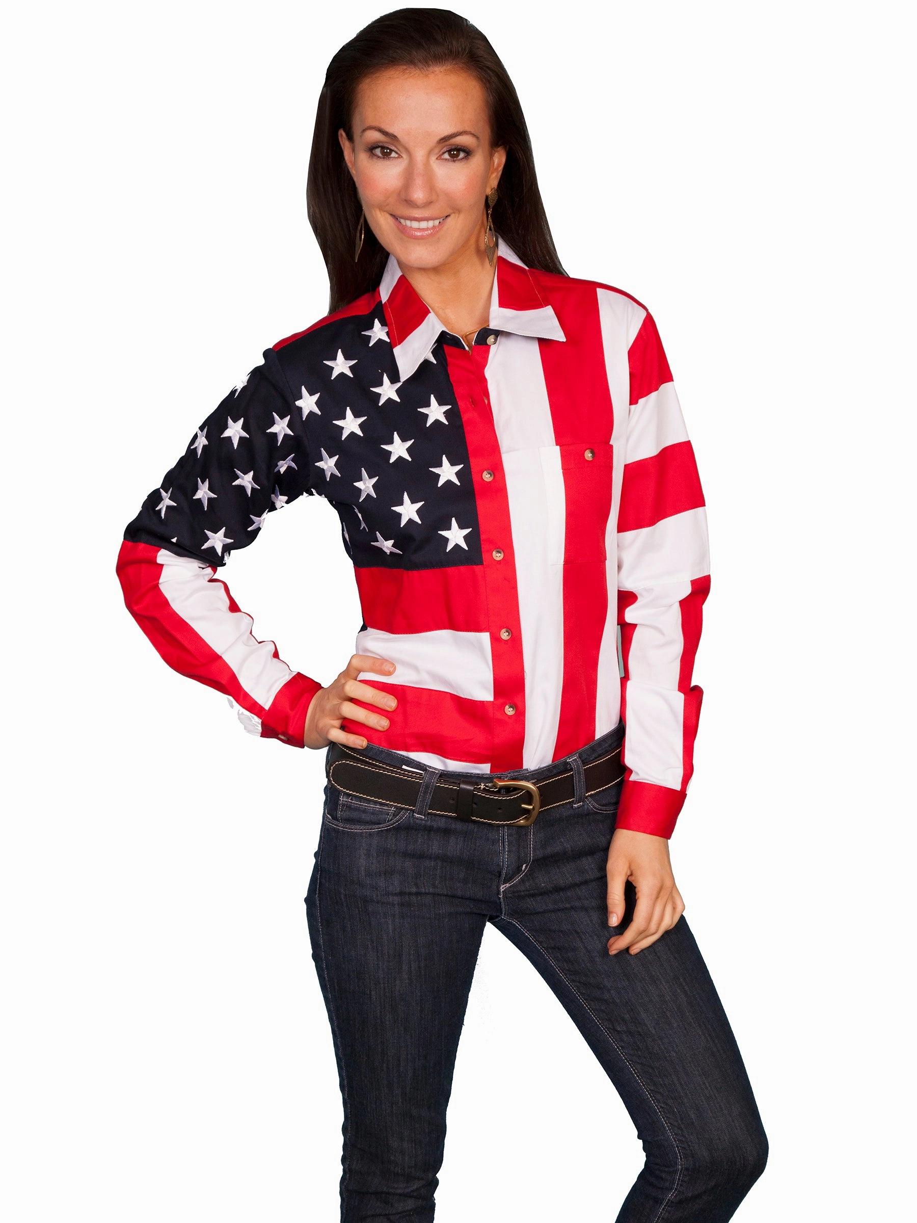 Scully RangeWear Womens Red 100% Cotton American Flag L/S Western Shirt Sophisticated Look