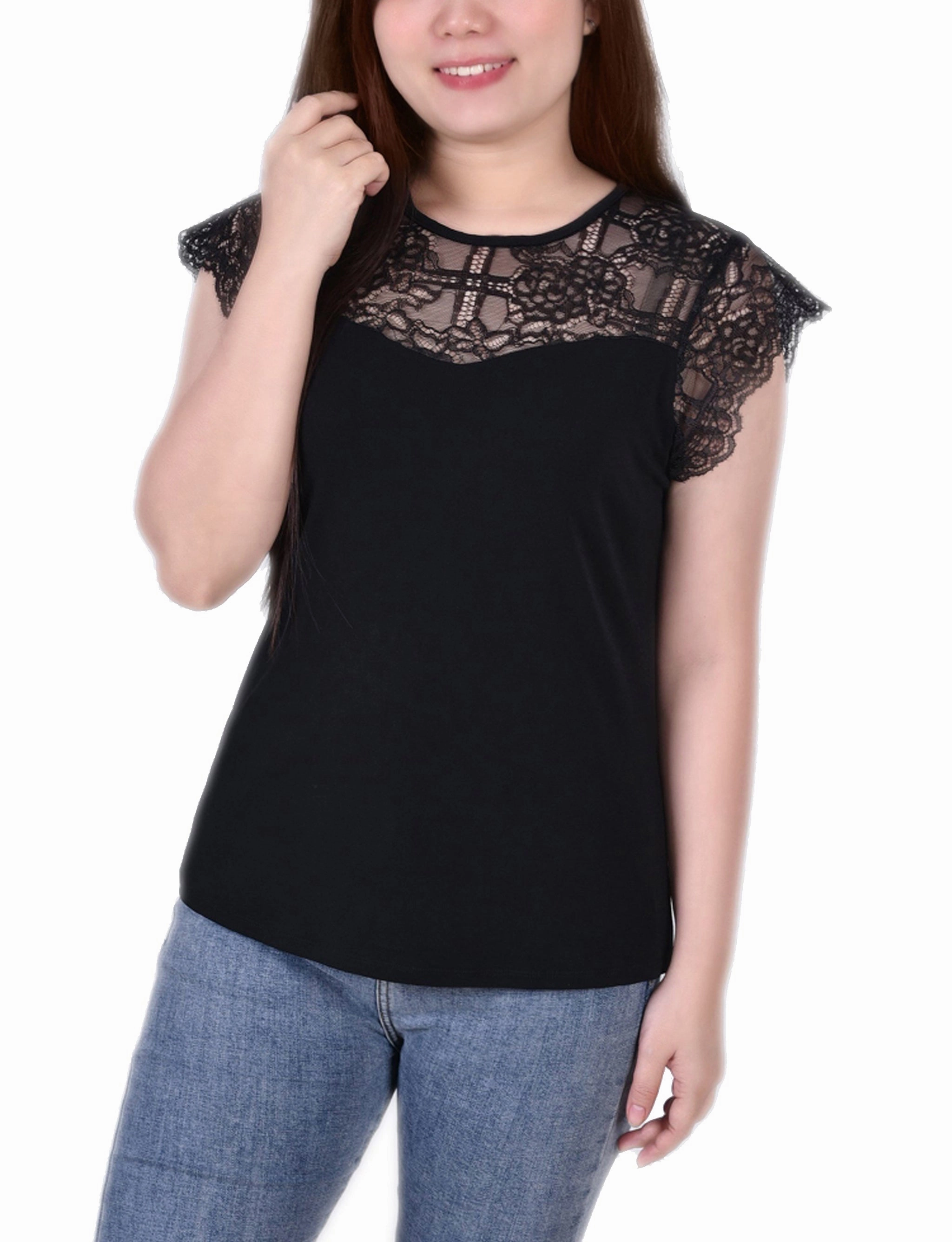 Weekend Outfit Crepe Knit Top With Lace Flanged Sleeve and Yoke