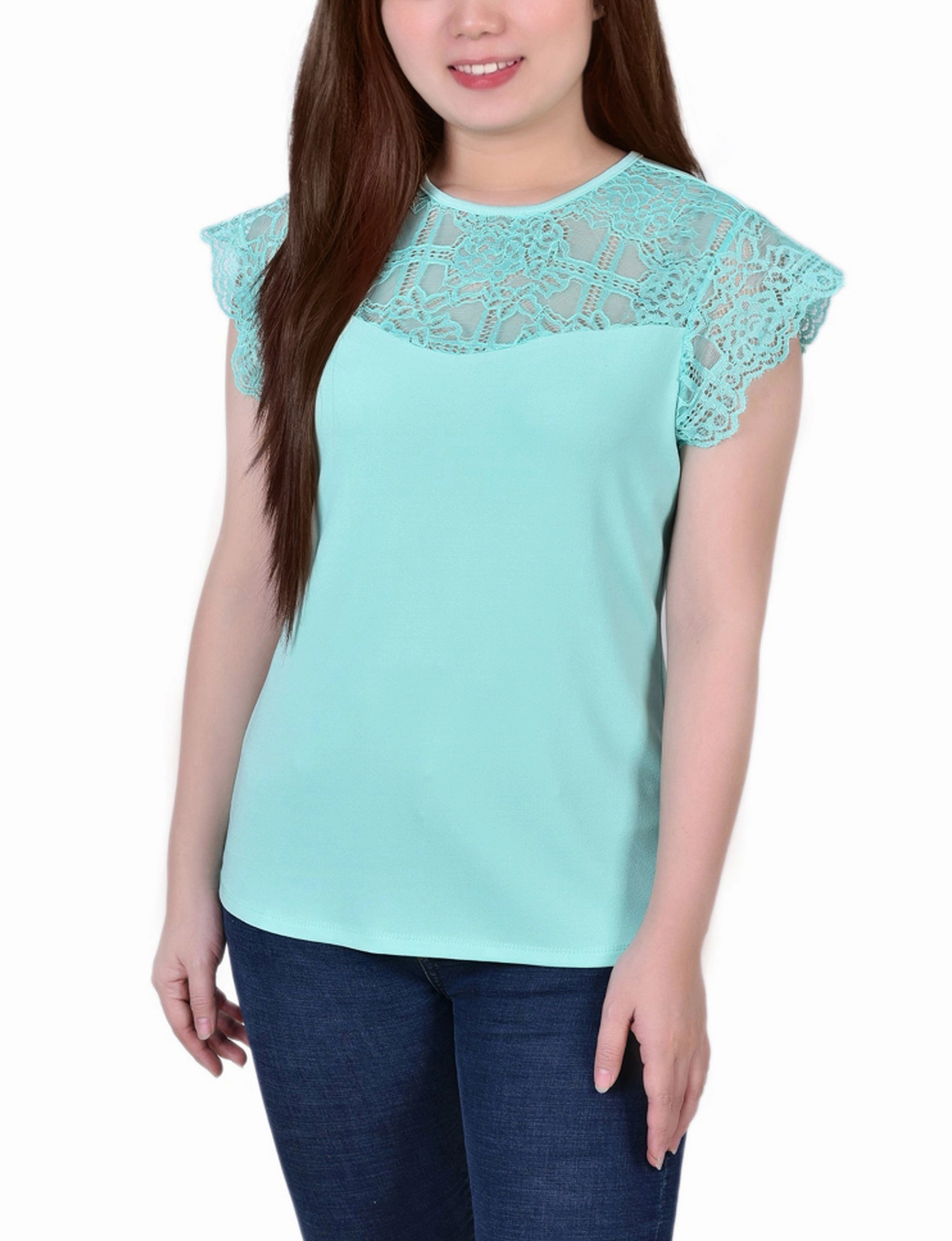 Soft Material No Season Crepe Knit Top With Lace Flanged Sleeve and Yoke