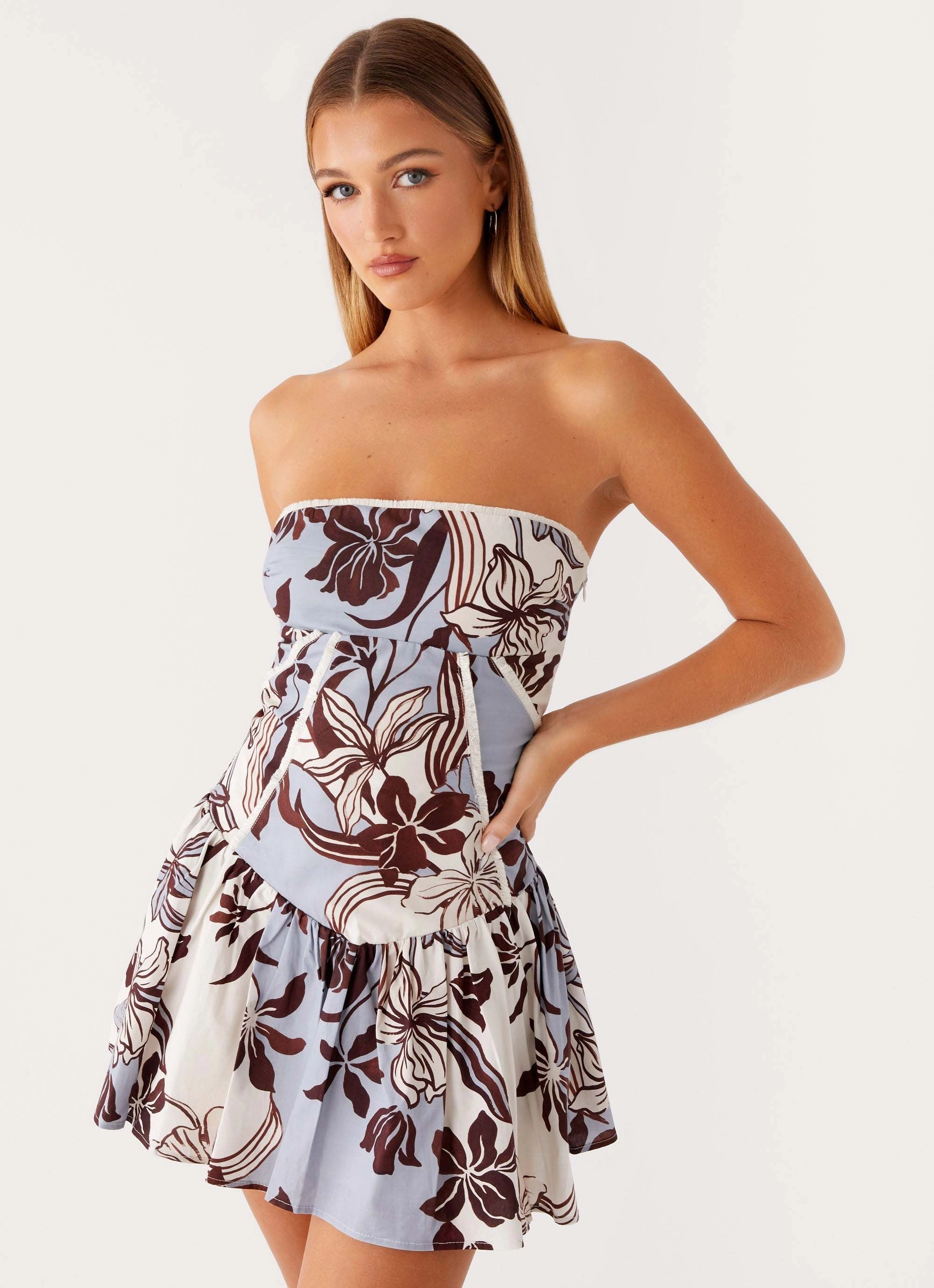 Larnie Linen Mini Dress - Bluewood Blossom Matte-Lining Eco-Lining