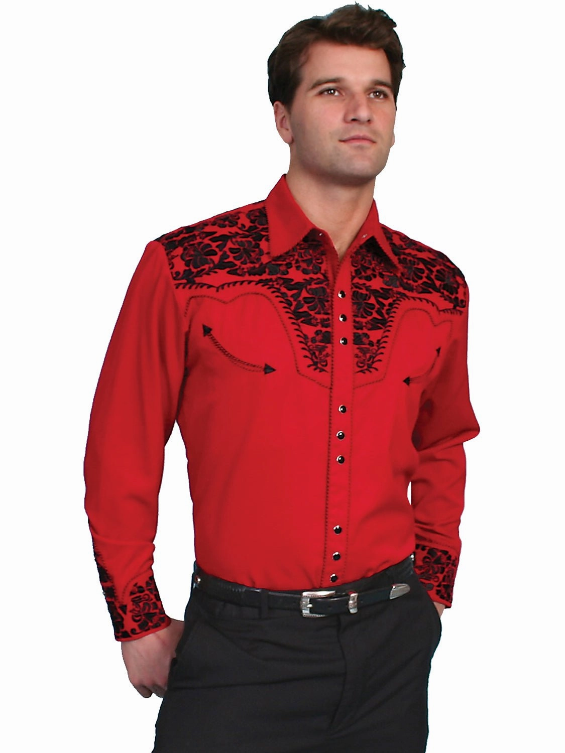 Scully Mens Floral Tooled Embroidery Red Poly/Rayon L/S Shirt High Street Fashion Sophisticated Style