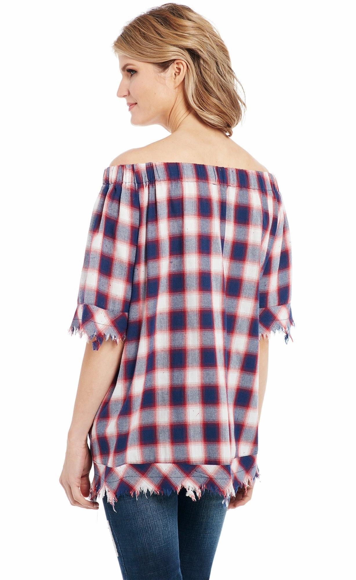 Waffle Weave Petite Option Cowgirl Up Womens Red/Blue 100% Cotton Raw Edge Fringe Plaid Tunic S/S
