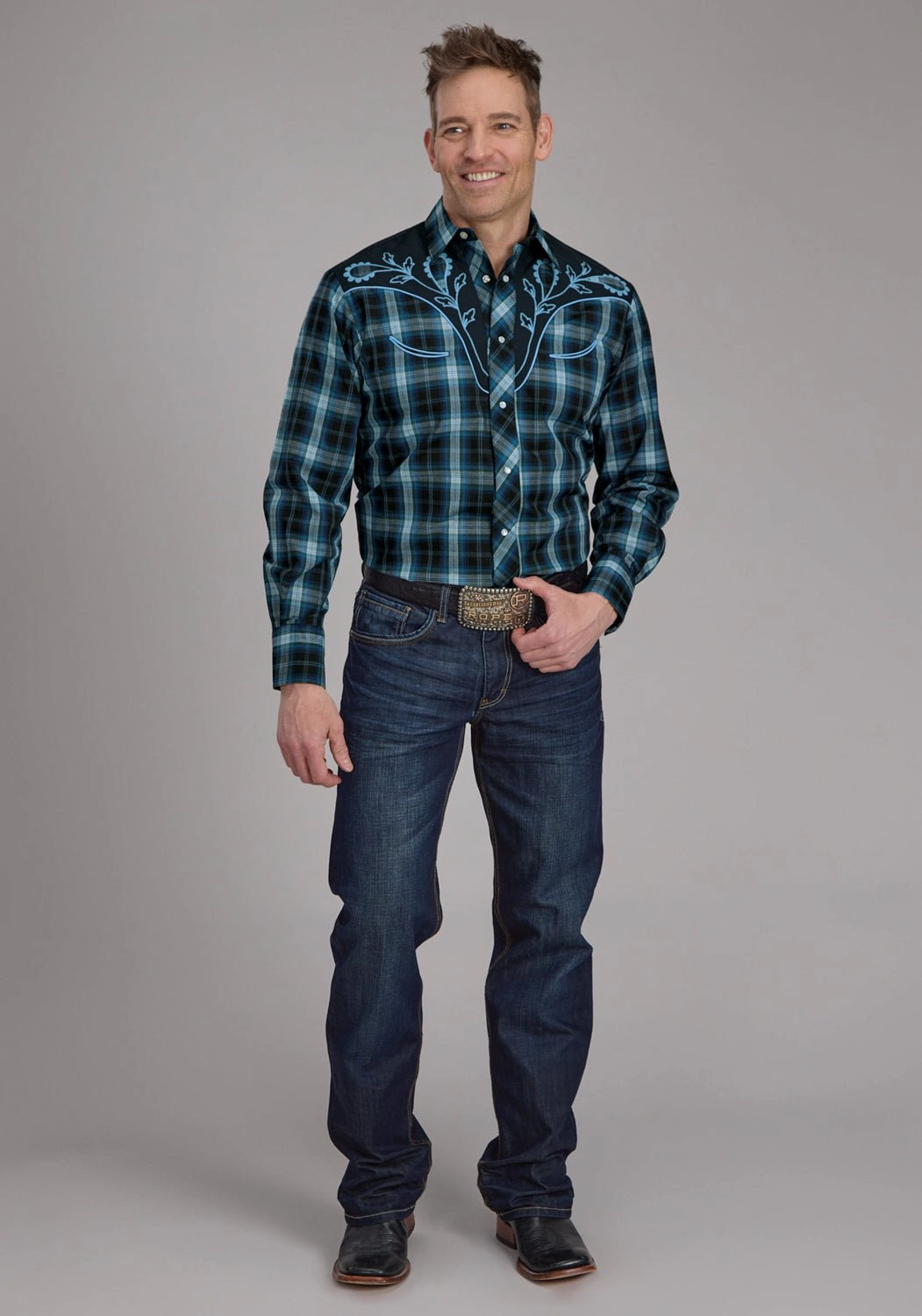 Roper Mens 2128 Windowpane Multi Blue Cotton Blend L/S Shirt Street Style