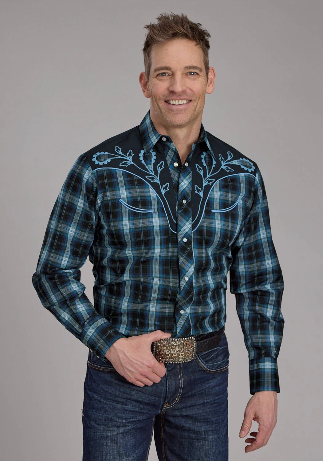 Lightweight Layer Roper Mens 2128 Windowpane Multi Blue Cotton Blend L/S Shirt