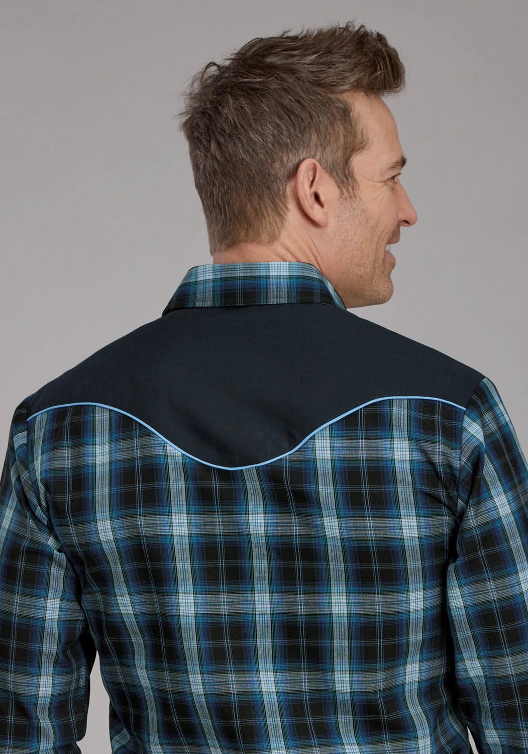 Roper Mens 2128 Windowpane Multi Blue Cotton Blend L/S Shirt Asymmetrical Cut