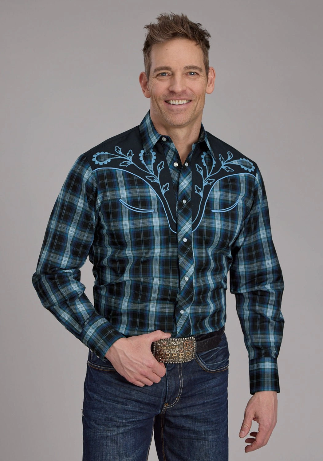 Roper Mens 2128 Windowpane Multi Blue Cotton Blend L/S Shirt Premium Feel