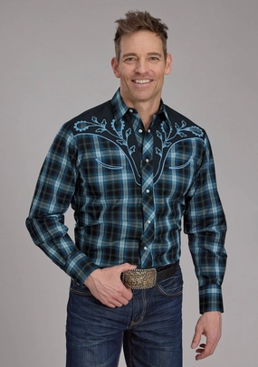 Lightweight Layer Roper Mens 2128 Windowpane Multi Blue Cotton Blend L/S Shirt