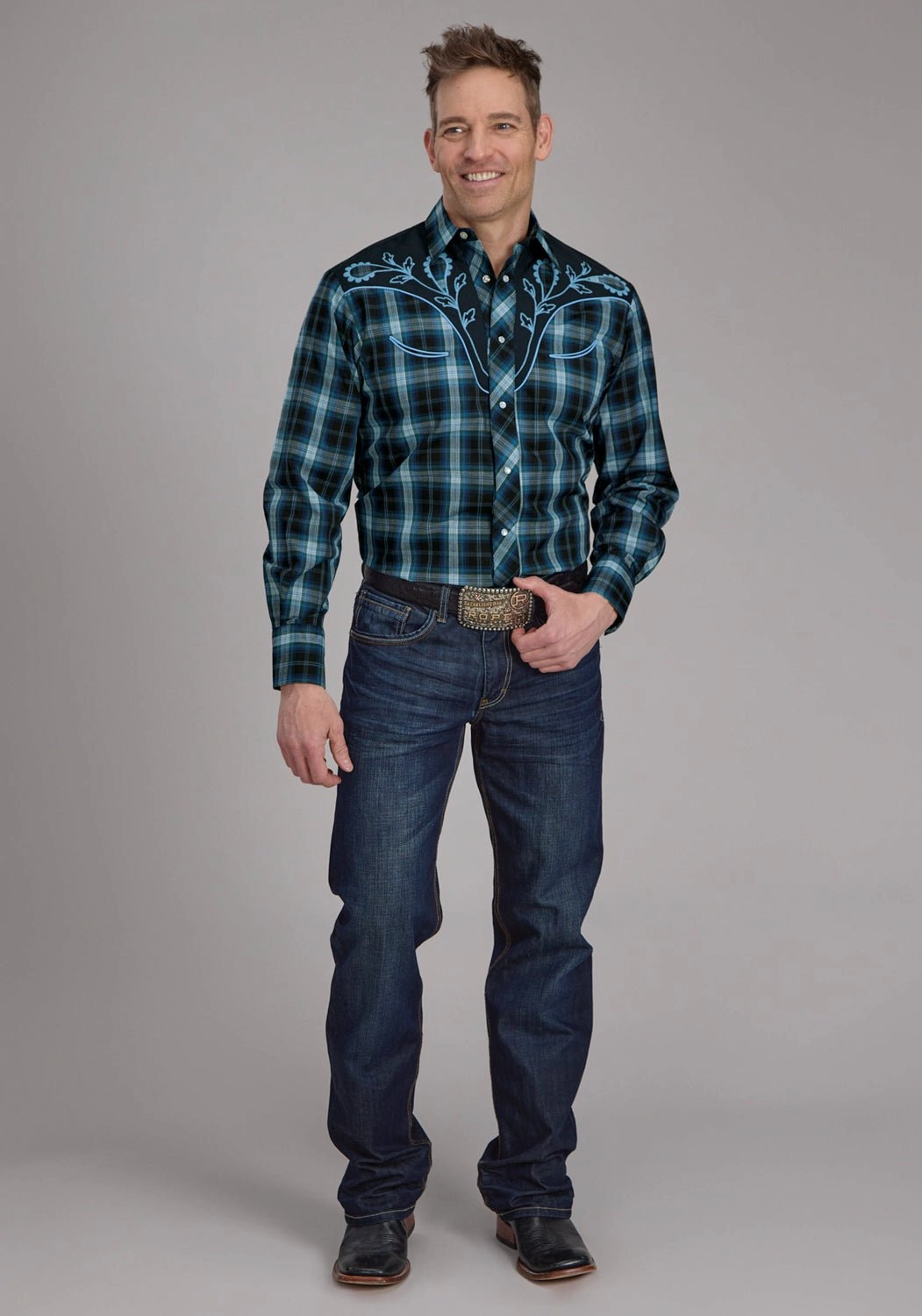 Roper Mens 2128 Windowpane Multi Blue Cotton Blend L/S Shirt Polished Placket Street Fashion