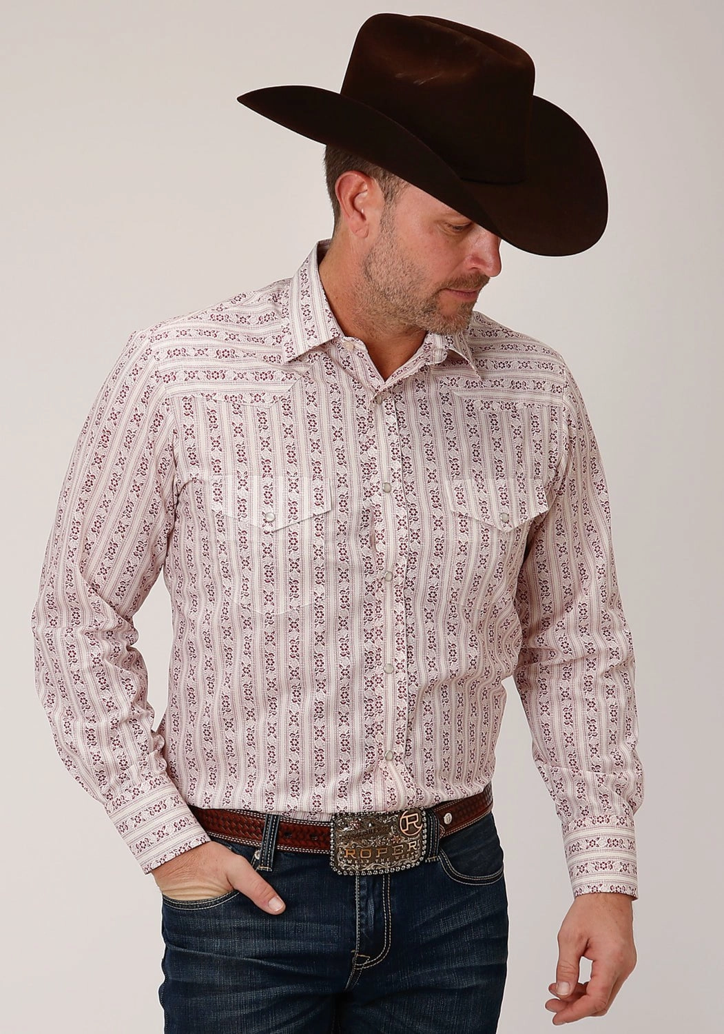 Roper Mens Wine/Cream Cotton Blend Wallpaper L/S Shirt Holiday Special Embroidered Logo
