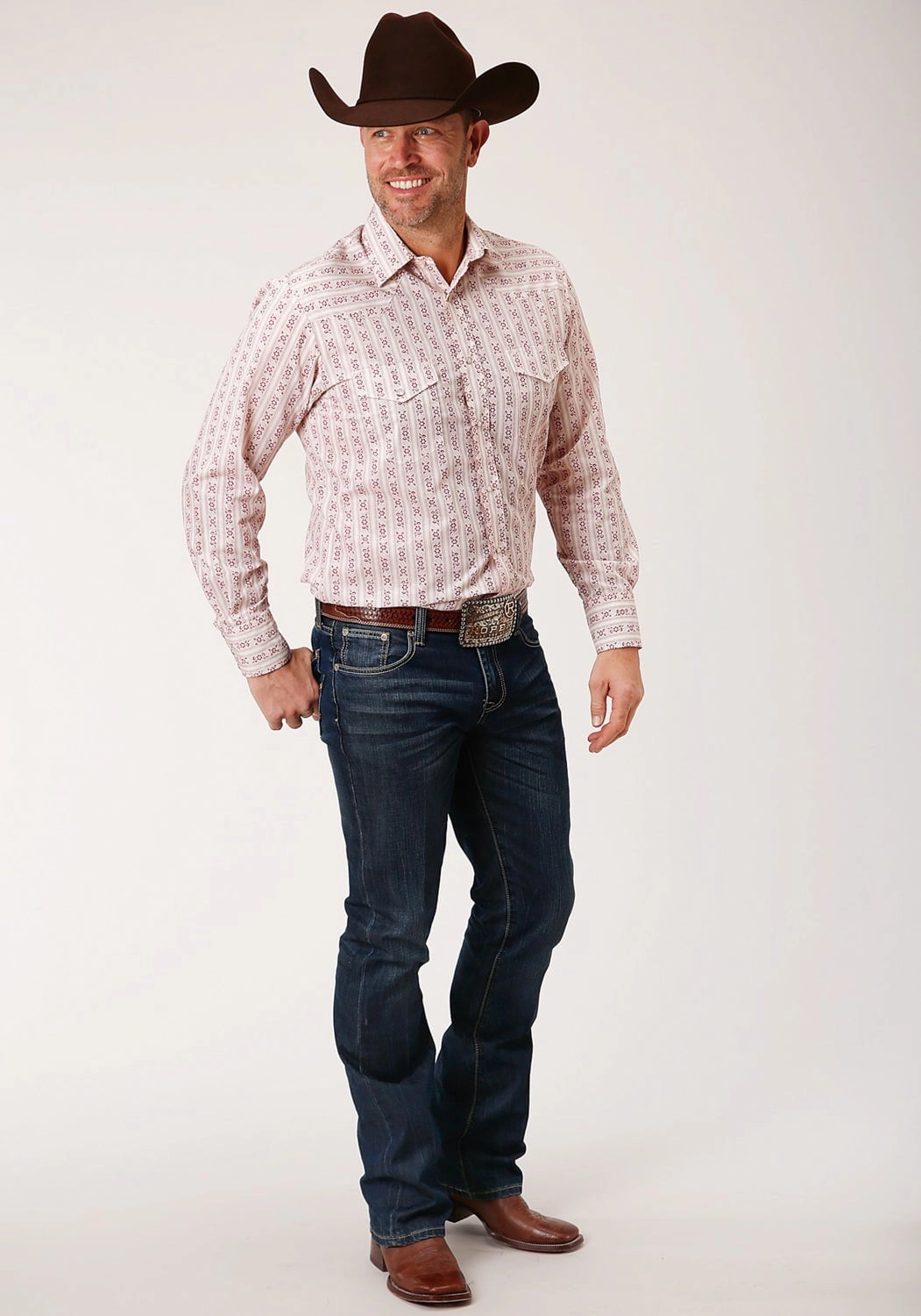 Roper Mens Wine/Cream Cotton Blend Wallpaper L/S Shirt Sophisticated Look