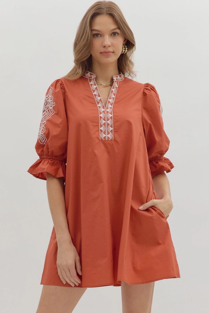 Claire Crochet Trim Mini Dress in Rust Playful-Detail Night Charm