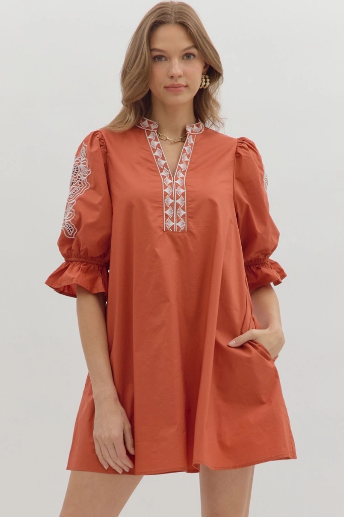 Claire Crochet Trim Mini Dress in Rust Comfortable fit dress Light Base