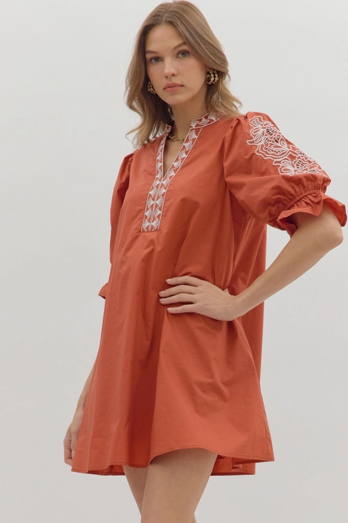 Fitted Base Inclusive Fit Claire Crochet Trim Mini Dress in Rust