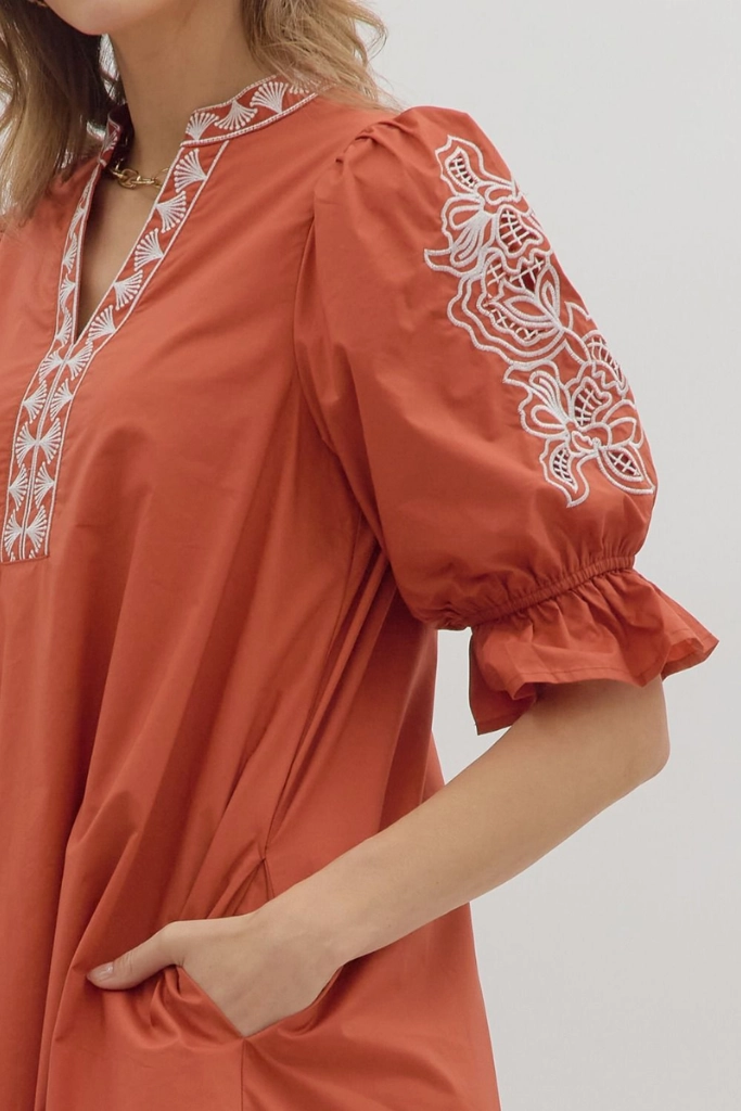 Best-Seller Embroidered-Sleeve Claire Crochet Trim Mini Dress in Rust