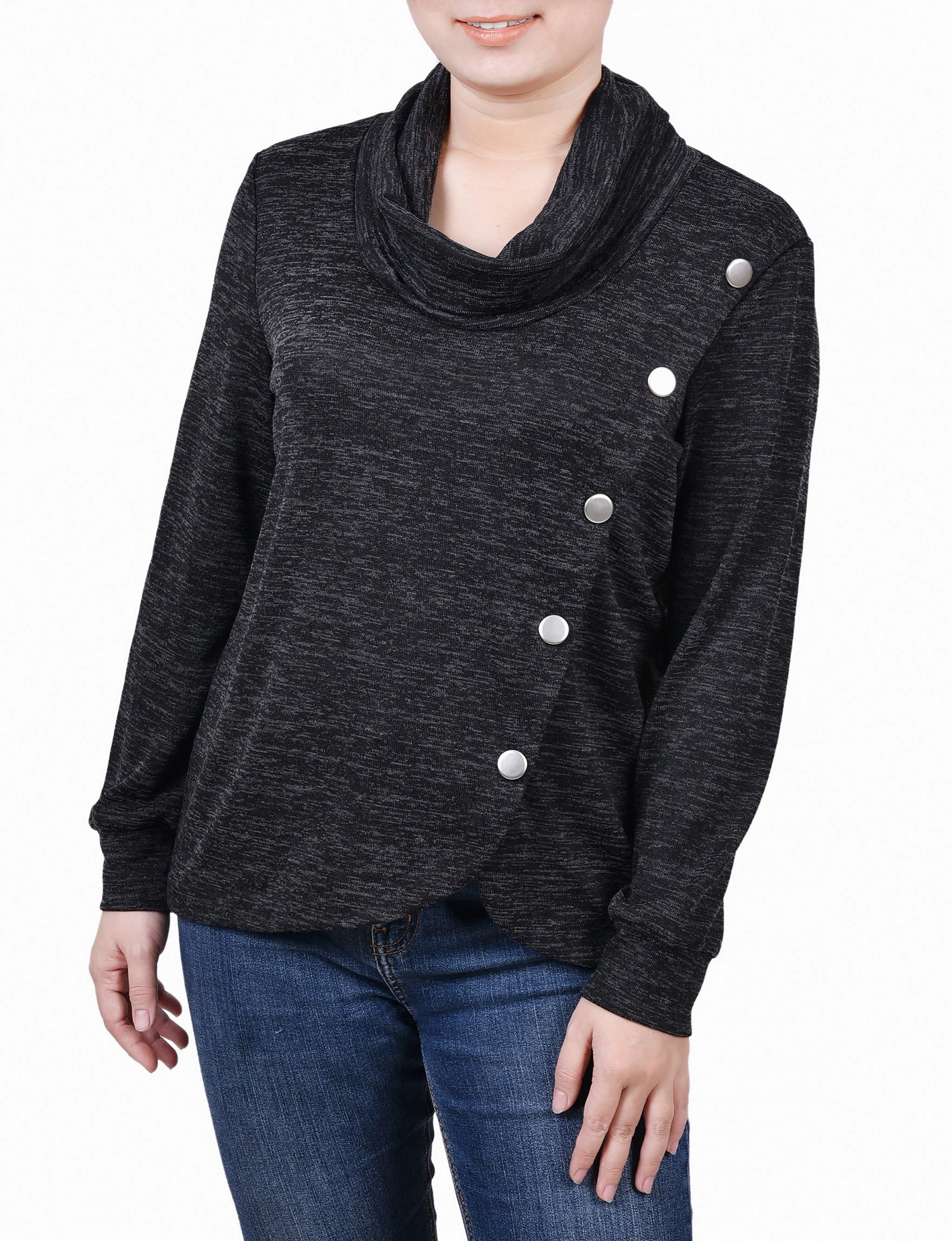 Long Sleeve Overlapping Cowl Neck Top Seamless Stitch Construction Versatile Layer